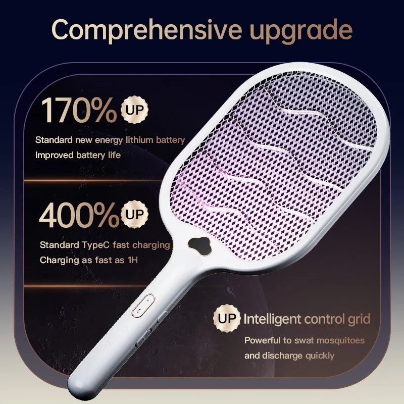 Electric Fly Swatter Racket 3500V buzzkick Bug Zapper Racket Dual Modes Mosquito Killer with Purple Mosquito Light Rechargeable - AliExpress - Image 6
