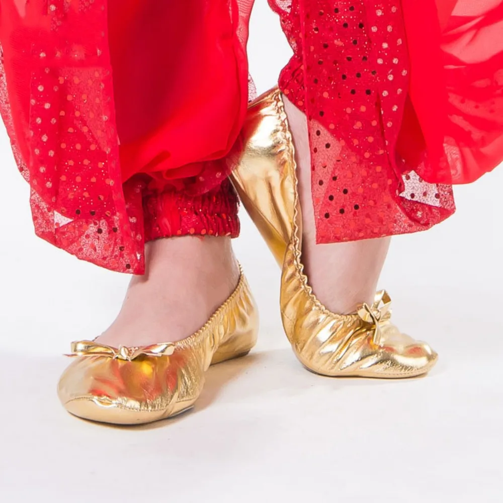 Professional Bowknot Belly Dancing Shoes Golden Foldable Indian Dance Shoes Leather Soft Ballerina Flats Children - AliExpress - Image 3