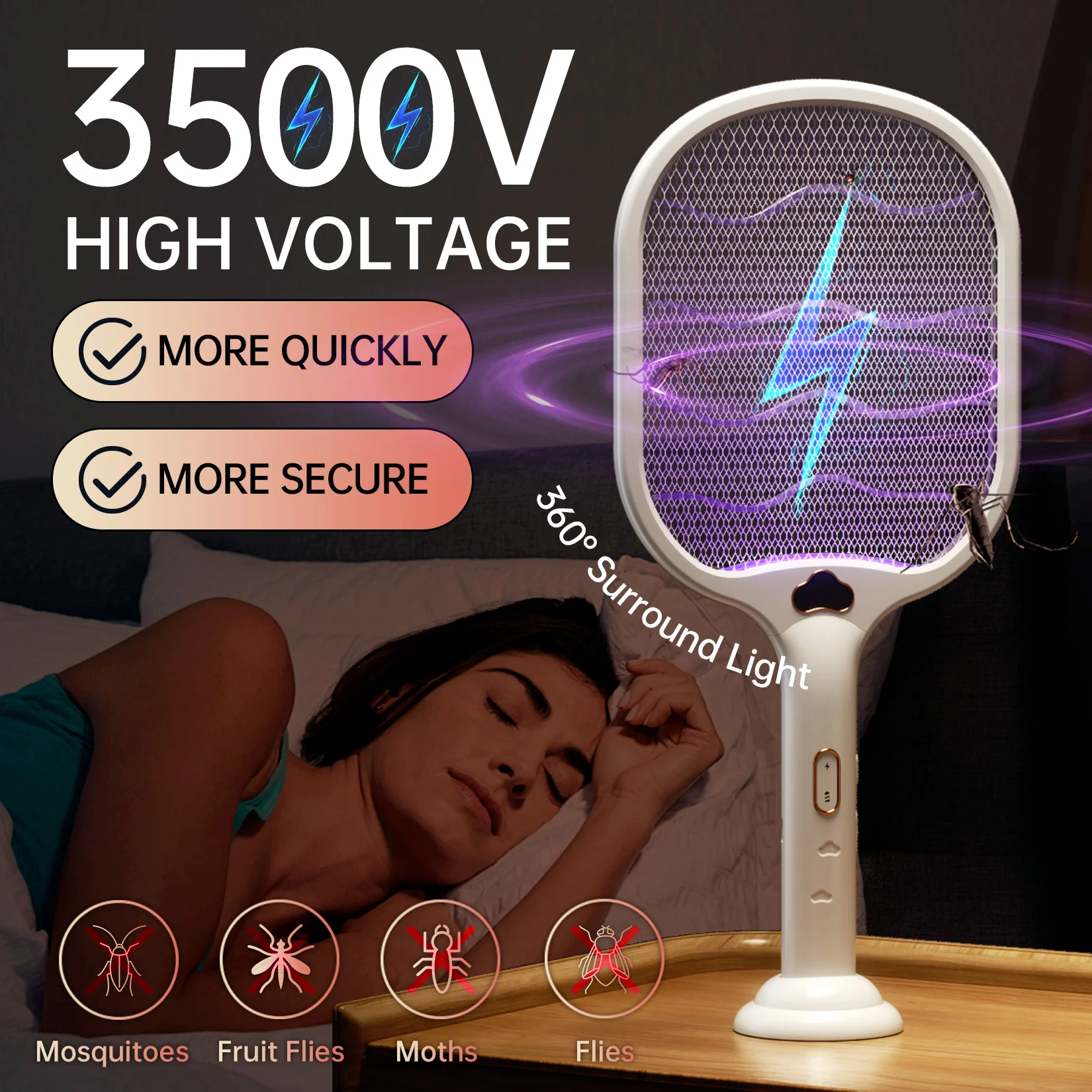 Electric Fly Swatter Racket 3500V buzzkick Bug Zapper Racket Dual Modes Mosquito Killer with Purple Mosquito Light Rechargeable - AliExpress - Image 2