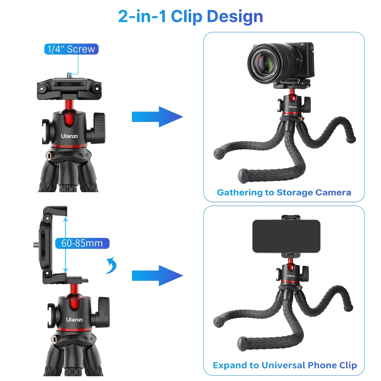 Ulanzi MT-33 Flexible Octopus Tripod with 2 in 1 Clip Phone Holder Cold Shoe 1/4'' Mount for Smartphone Camera Video Light Mic - AliExpress - Image 2