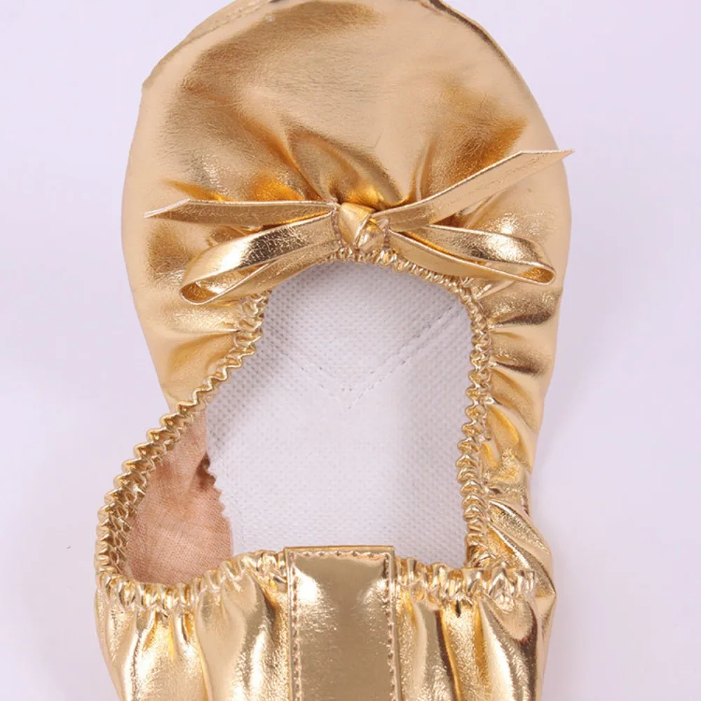 Professional Bowknot Belly Dancing Shoes Golden Foldable Indian Dance Shoes Leather Soft Ballerina Flats Children - AliExpress - Image 4