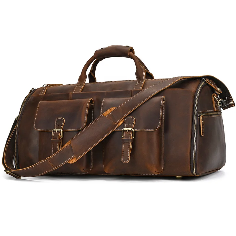 Top Quality Mens Leather Travel Bag Man Male Duffle Bag For Suits Foldable Weekend Bag Suit Bags Crazy Horse Leather Men Handbag - AliExpress - Image 2
