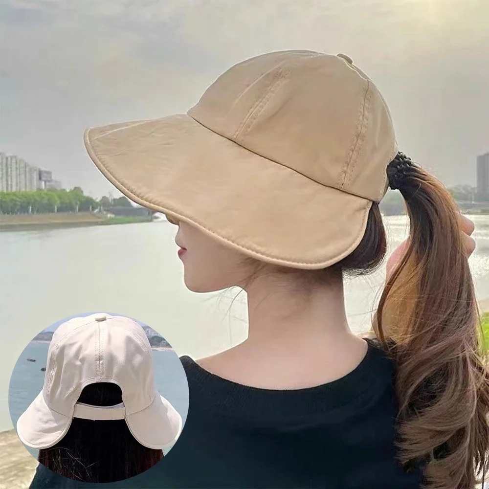 Foldable Summer Wide Brim Sunhat Women Sun Hats Adjustable Outdoor Beach Bucket Hat UV Protection Visors Fisherman Ponytail Caps - AliExpress - Image 2
