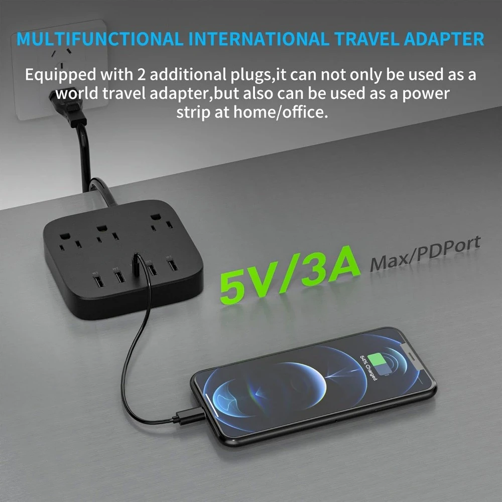 European Travel Adapter, EU/UK/US Power Strip with USB-C, 4 USB Ports, 3 AC Outlets, Wall Mount, 5ft Cord - AliExpress - Image 5