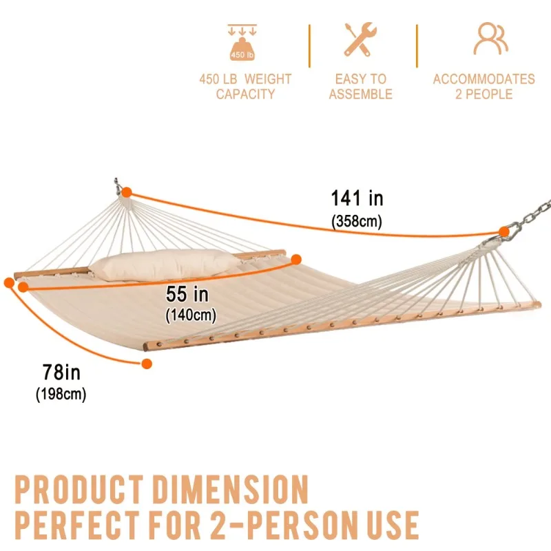 12 FT Double Quilted Fabric Hammock with Spreader Bars and Detachable Pillow, 2 Person for Outdoor Patio Backyard - AliExpress - Image 4