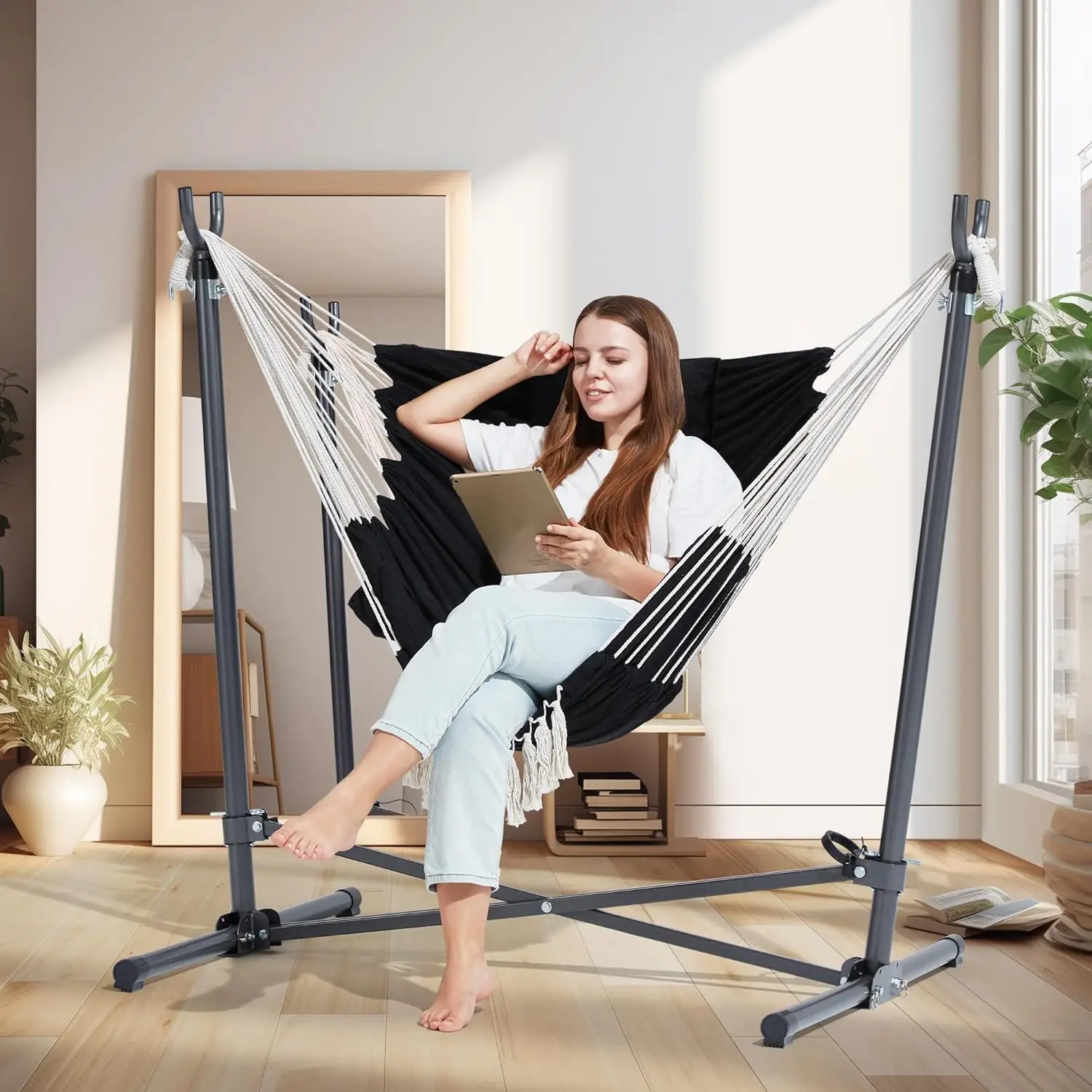 Hammock Chair with Stand Included Hanging Chair Macrame Boho Handmade Adjustable Swing with Headrest and Side Pocket Indoor Outd - AliExpress - Image 4