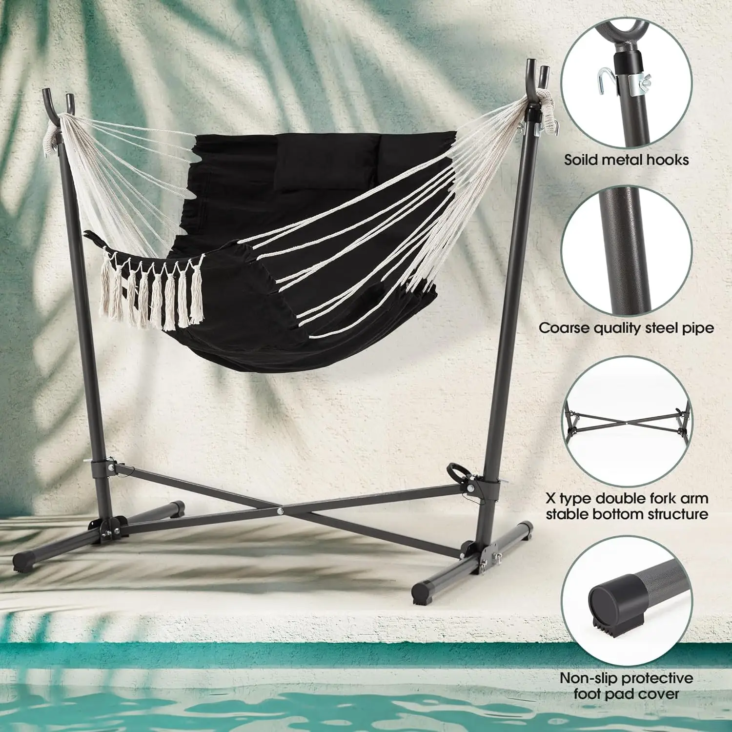 Hammock Chair with Stand Included Hanging Chair Macrame Boho Handmade Adjustable Swing with Headrest and Side Pocket Indoor Outd - AliExpress - Image 3