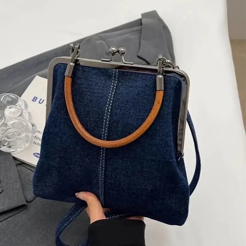 Women's Denim Handbag with Kiss Lock Clasp Vintage Coin Purses Crossbody Bag for Outdoor Portable Beach Wedding - AliExpress - Image 3