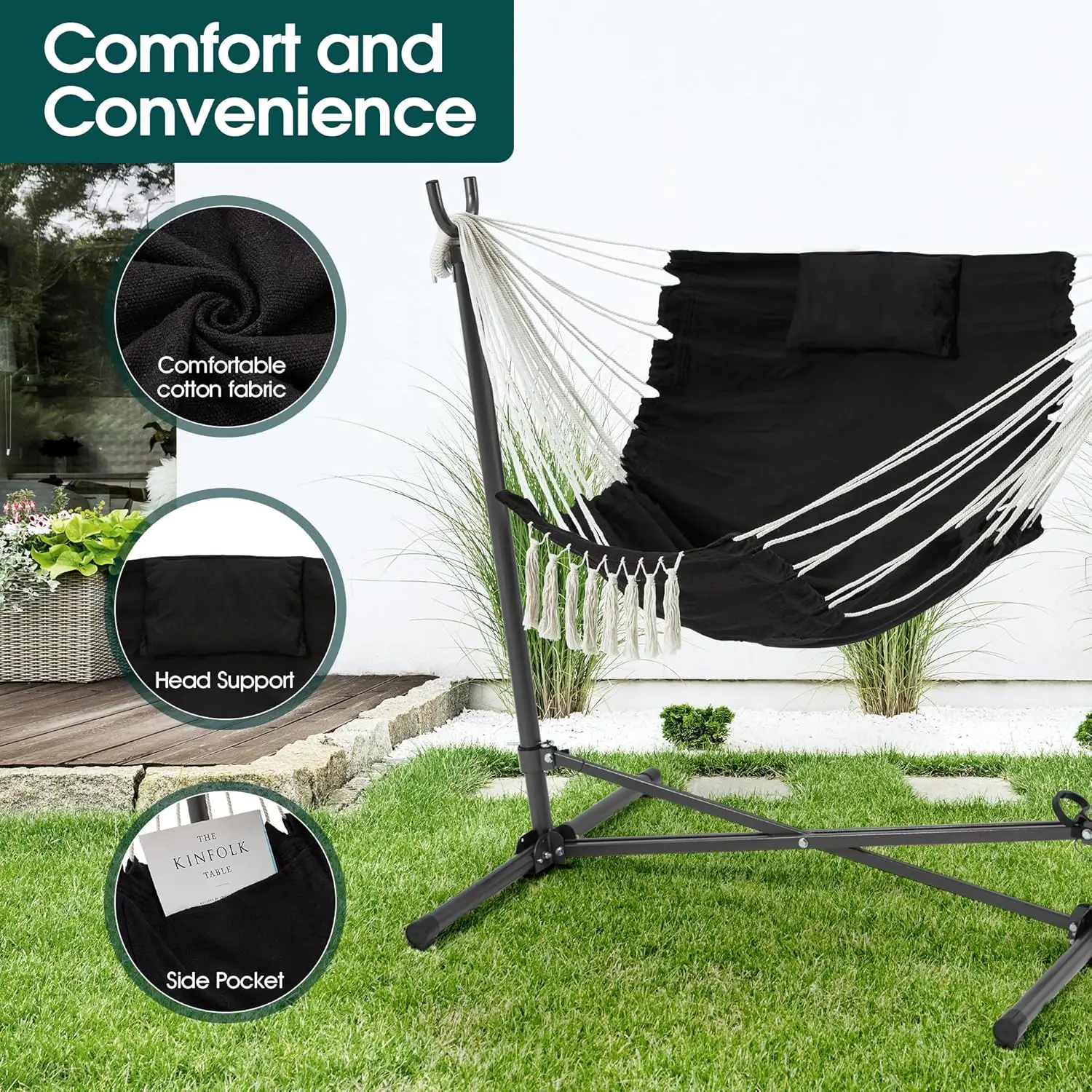 Hammock Chair with Stand Included Hanging Chair Macrame Boho Handmade Adjustable Swing with Headrest and Side Pocket Indoor Outd - AliExpress - Image 5