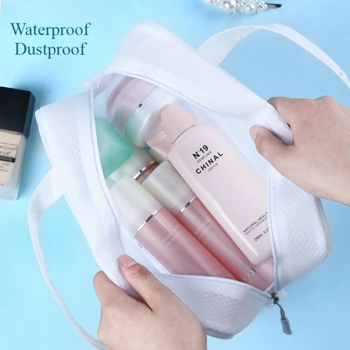 Women Waterproof Mesh Cosmetic Storage Bag Set Travel Makeup Wash Organizer Lipstick Perfume Face Cream Transparent Toiletry Bag - AliExpress - Image 4