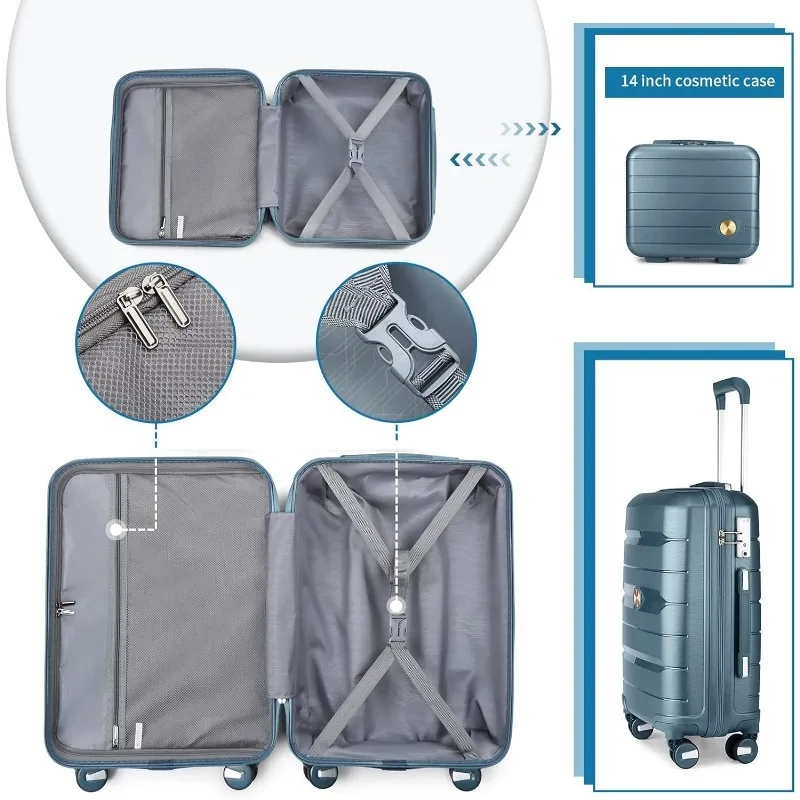 20" Carry On Luggage and 14" Mini Cosmetic Cases Travel Set Lightweight Polypropylene Suitcase with TSA Lock YKK Zipper Hardside - AliExpress - Image 3