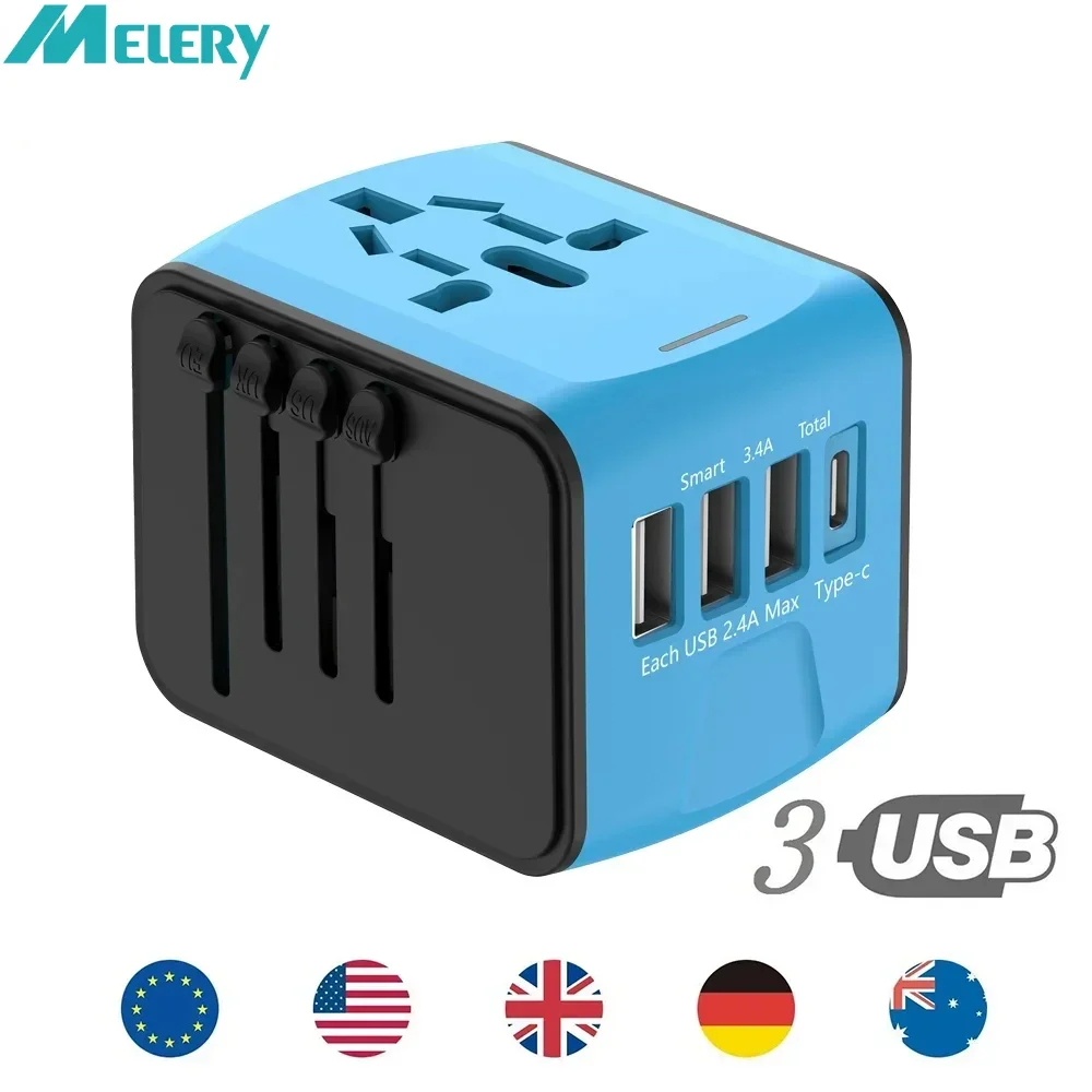 Melery Travel Adapter Universal Power Plug UK EU AU US Sockets International 3USB Type-C Wall Charger for Worldwide Adaptor – AliExpress