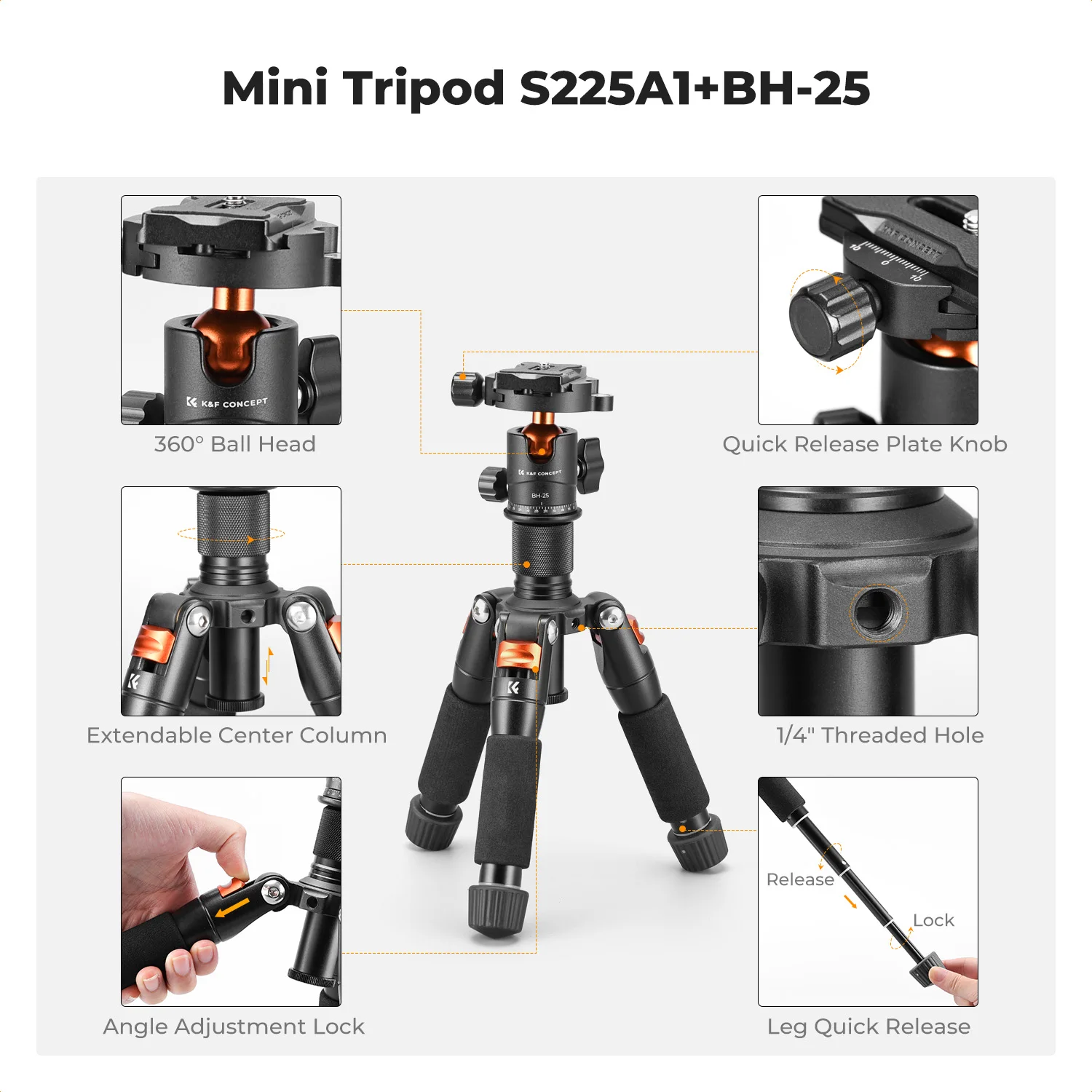 K&F Concept 52cm Desktop Mini Tripod for Camera Compact Tripod 360° Low Profile Ball Head 1/4'' Screw for Camera Video Camcorder - AliExpress - Image 3
