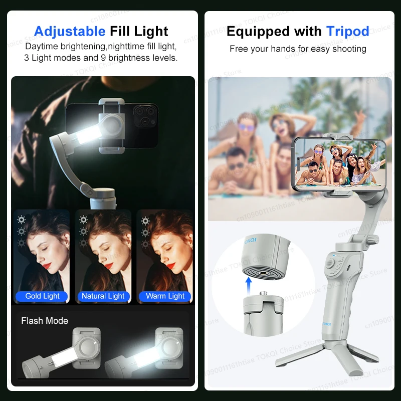 TOKQI M01 3-Axis Anti-Shake Handheld Gimbal Phone Stabilizer Foldable Holder Selfie Tripod with Fill Light for iPhone Smartphone - AliExpress - Image 3