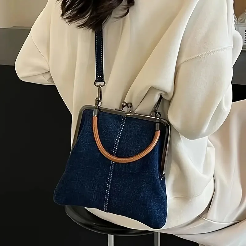 Women's Denim Handbag with Kiss Lock Clasp Vintage Coin Purses Crossbody Bag for Outdoor Portable Beach Wedding - AliExpress - Image 2